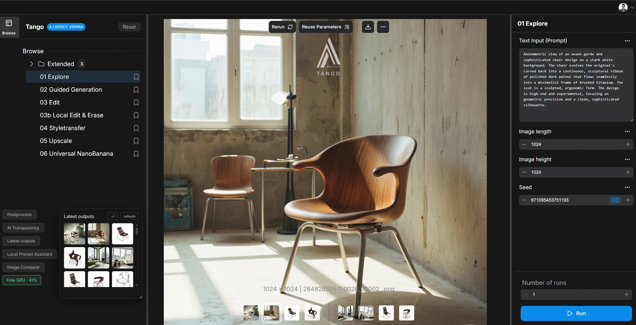 Explore: a chair in a concrete room, with its prompt