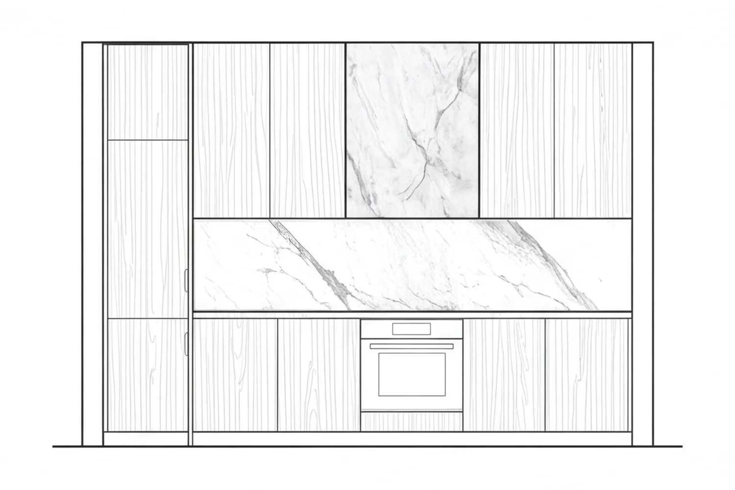 The kitchen wall as an elevation drawing with marble