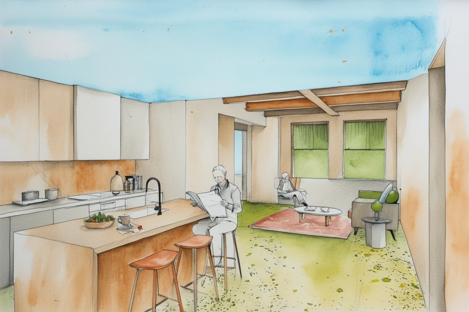 The same room as a watercolour sketch
