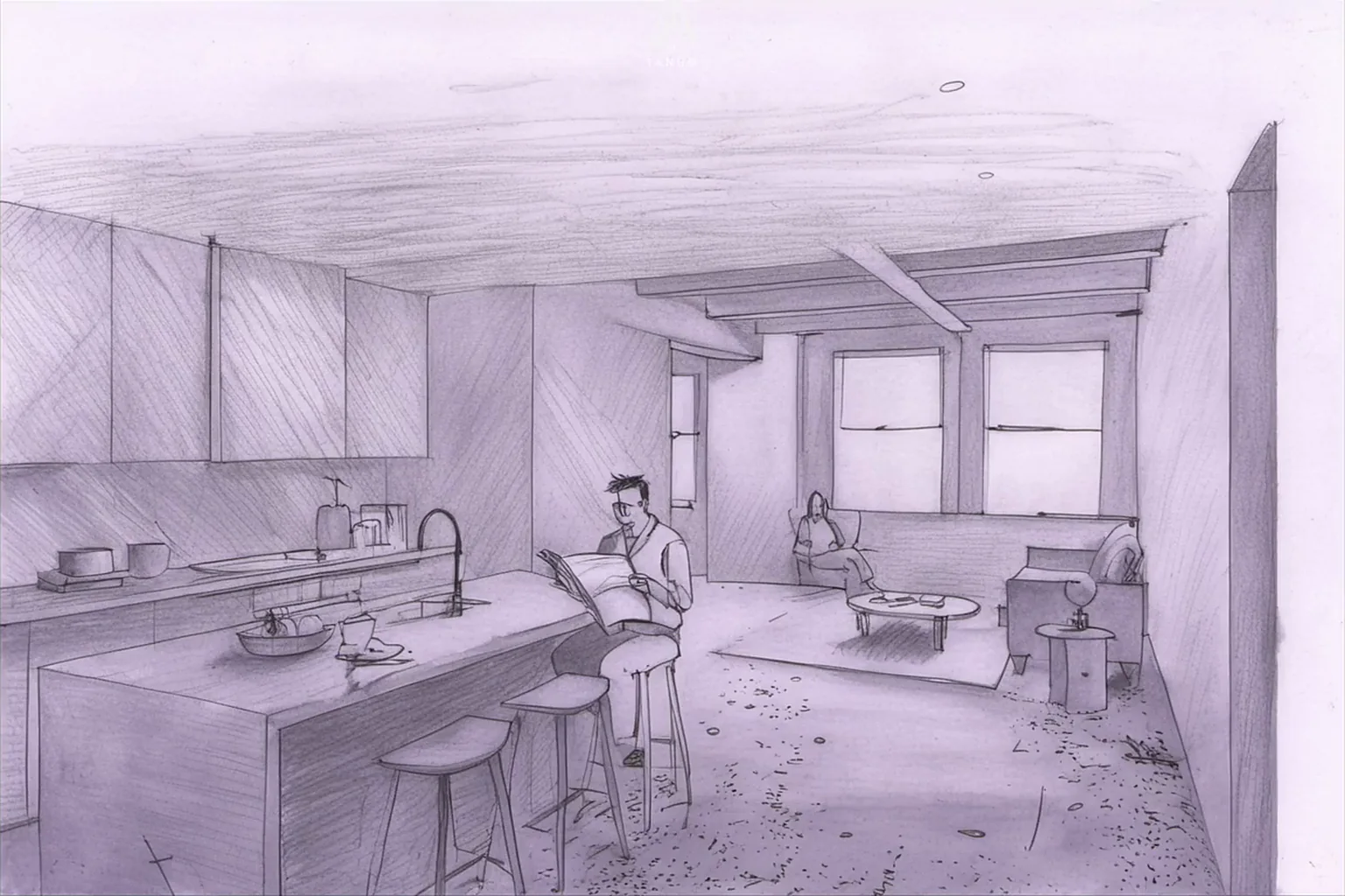 The same room as a pencil sketch, as it comes out of the style transfer